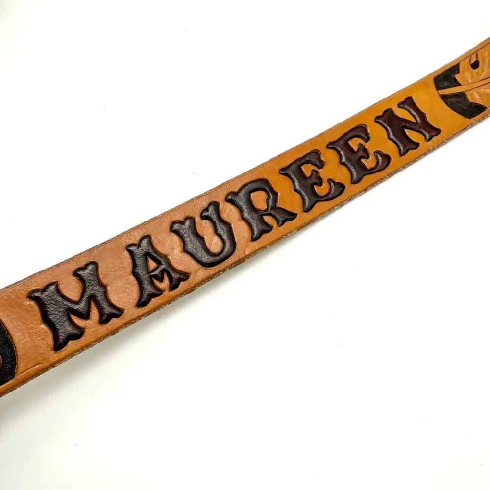 Maureen Vintage Western Name Belt 32 Hand Tooled Brown Leather Leaves No Buckle
